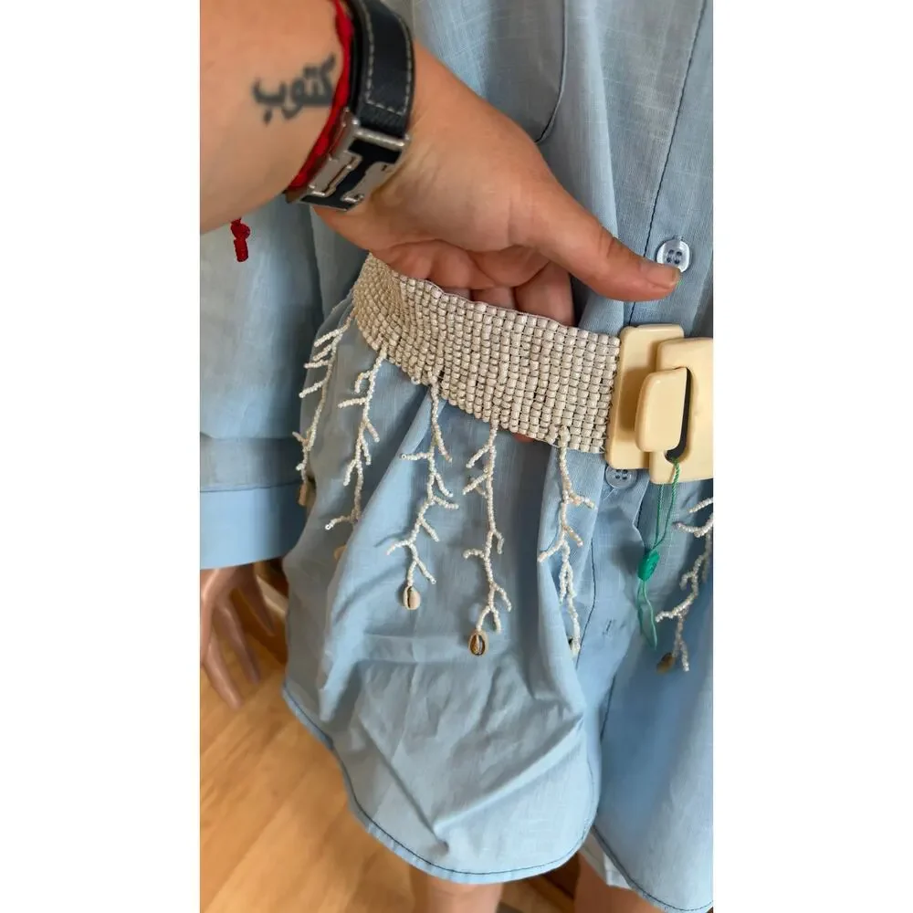 Antica Sartoria elastic belt white glass seed beads a seashell fringe.